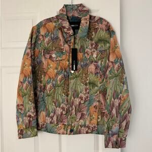 NWT Fashion Nova Men Floral Tapestry Trucker Jacket – Size S (Small) Green Combo